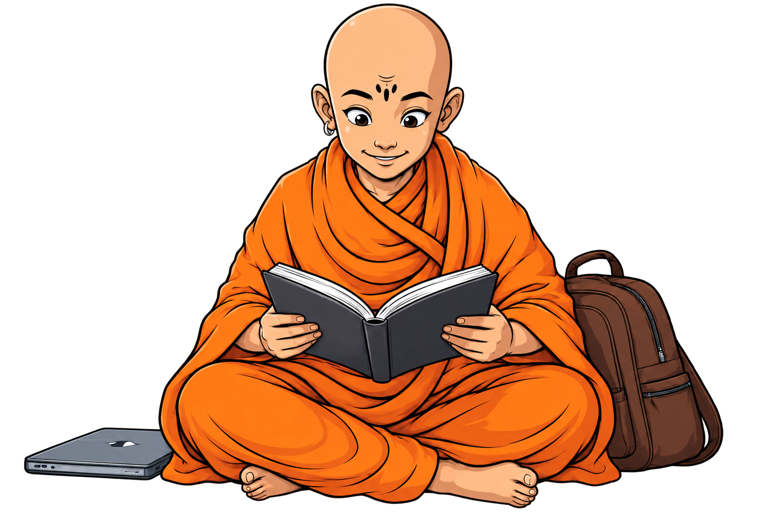 Undergraduate monk researcher reading with a laptop nearby